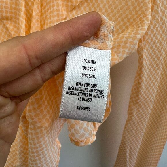 Vintage 100% Silk Sheer Peach Printed Tie Neck Long Sleeve Blouse Size M - Picture 8 of 10